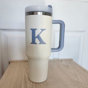 The Darling Effect White w/K Initial BPA Free Insulated Handled Travel Mug